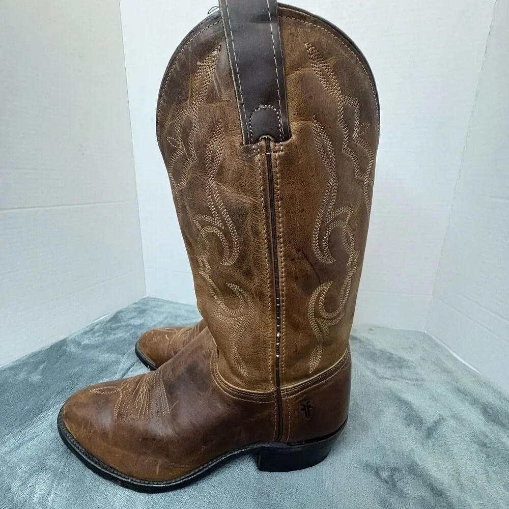 Vintage Frye Western Cowboy Boots Brown Leather USA Made Size 9M Distressed - Picture 8 of 15
